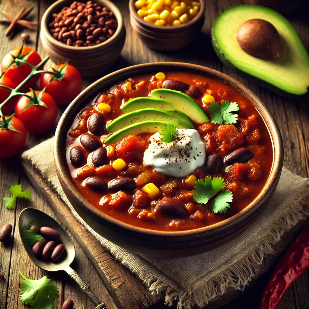 A hearty vegan chili served in a rustic bowl, featuring a rich and spicy tomato-based broth filled with black beans, kidney beans, diced tomatoes, and corn.