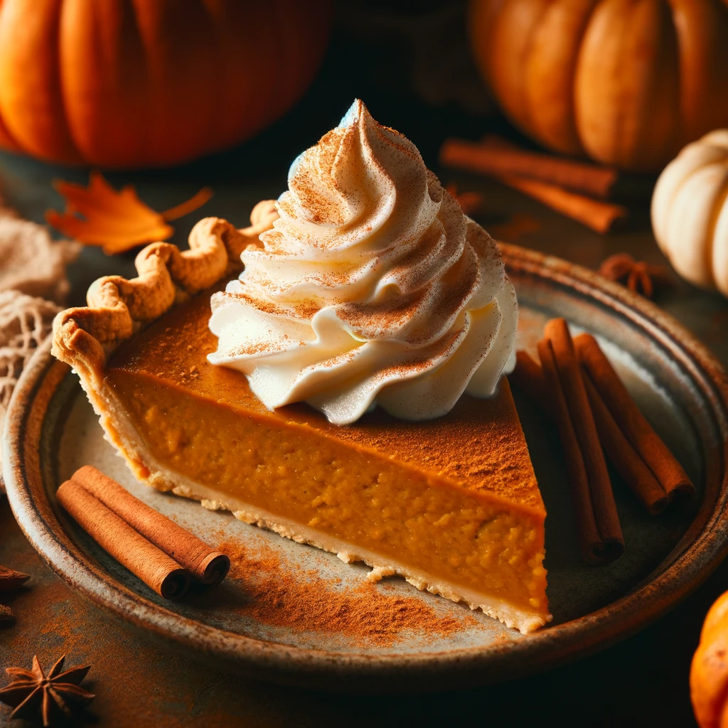 A slice of vegan pumpkin pie topped with whipped coconut cream and a sprinkle of cinnamon, served on a rustic plate