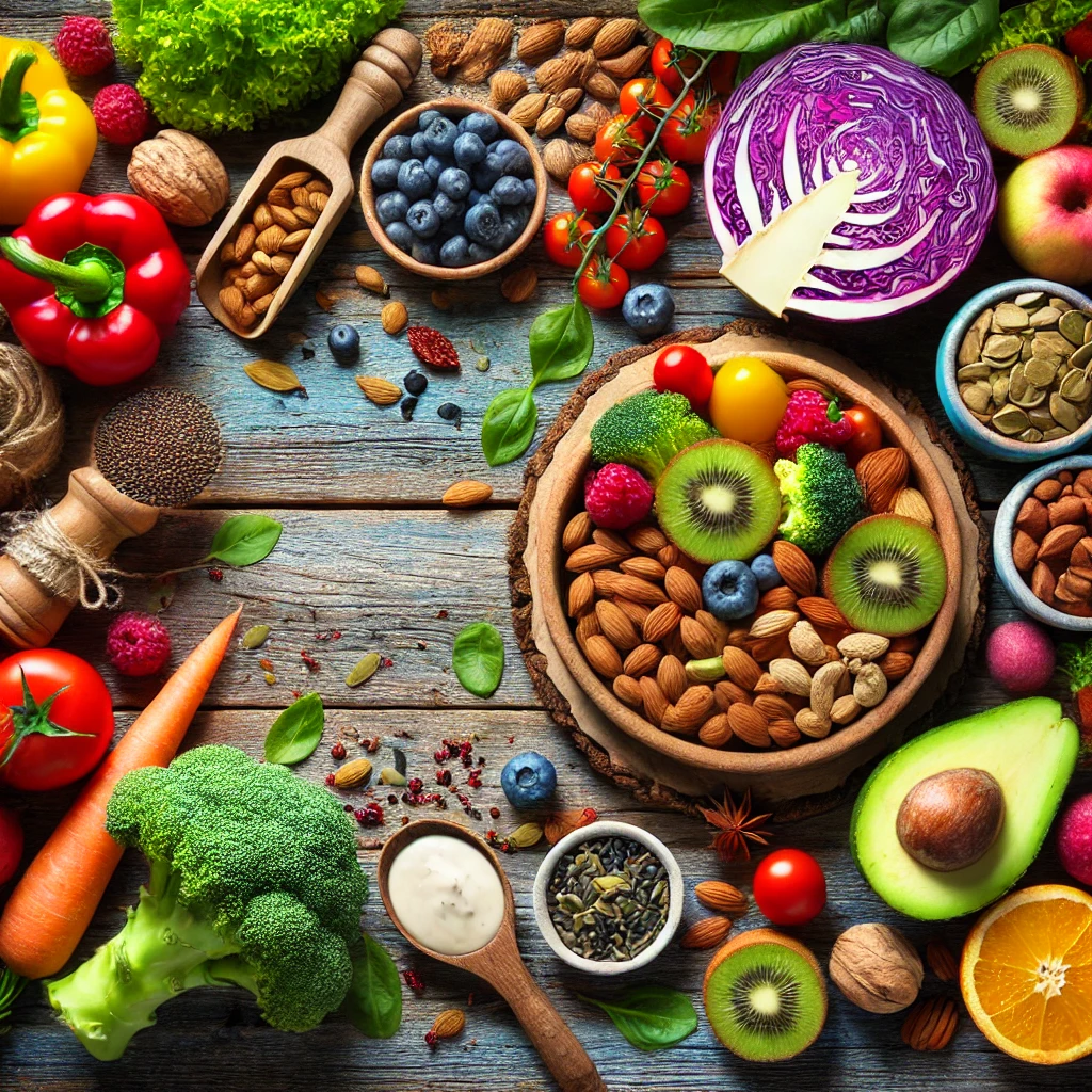 A vibrant image depicting a variety of fresh, colorful vegetables, fruits, nuts, and seeds.