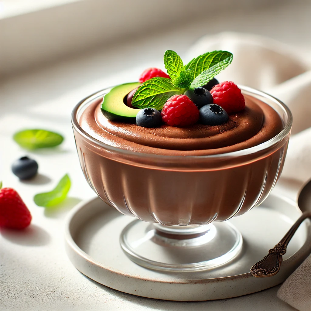 Creamy vegan chocolate avocado mousse topped with fresh berries and a sprig of mint, served in a clear glass dish.