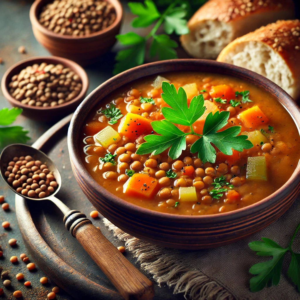 A hearty vegan lentil soup served in a rustic bowl, garnished with fresh parsley, with a slice of crusty bread on the side.