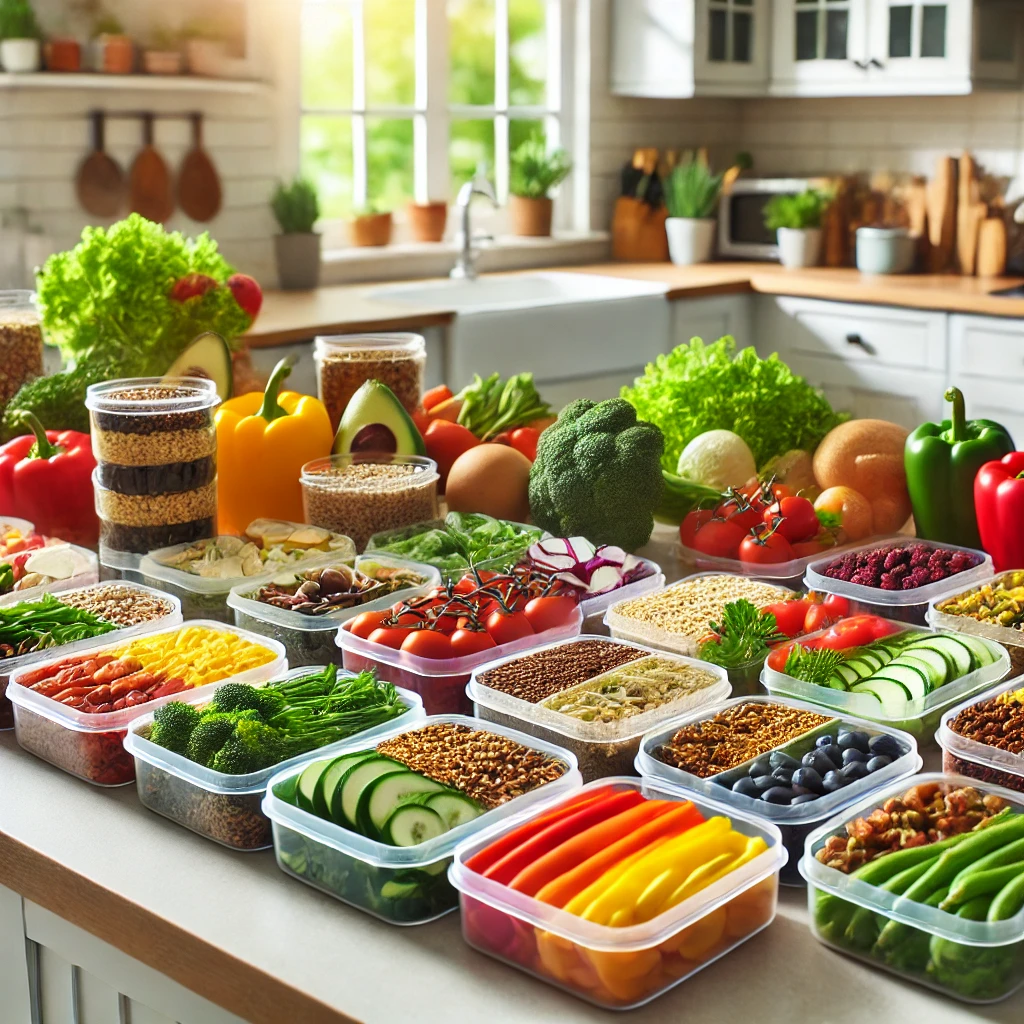 A colorful and organized vegan meal prep setup, featuring containers filled with fresh vegetables, grains, and plant-based proteins, neatly arranged on a kitchen countertop.