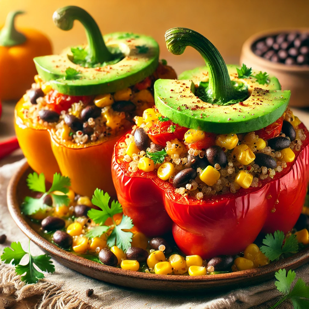 Vegan stuffed bell peppers filled with quinoa, black beans, corn, and topped with avocado slices and fresh cilantro, served on a rustic plate.