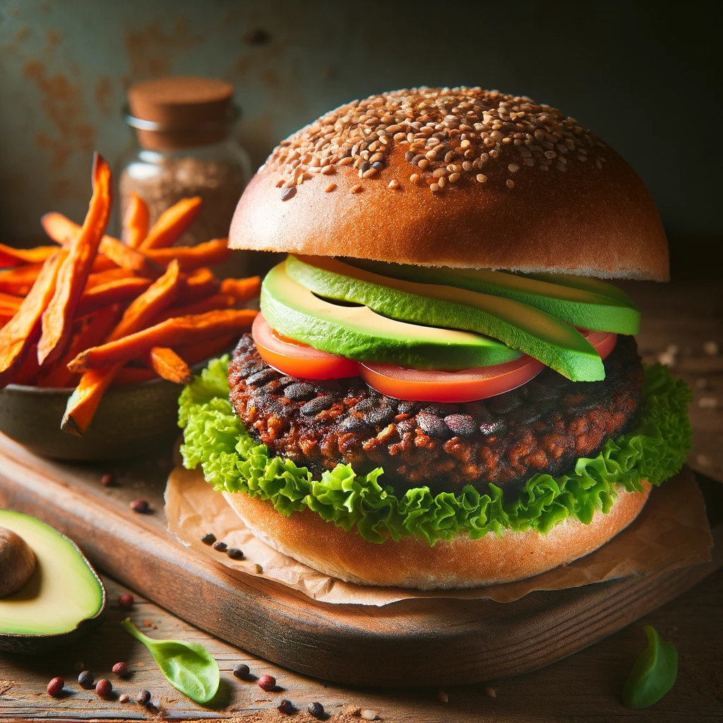 Vegan Black Bean Burger with Sweet Potato Fries