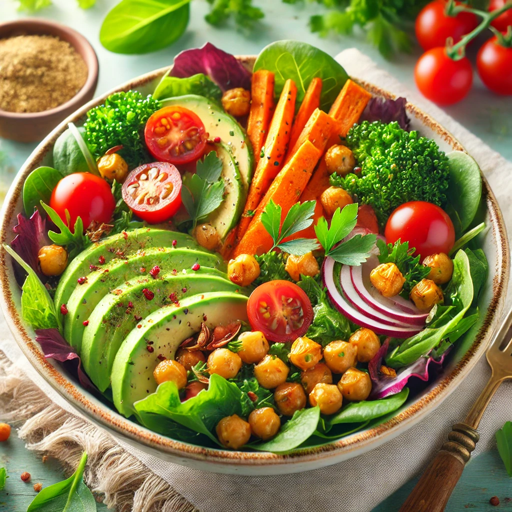 Vegan Salad Bowl with Roasted Sweet Potatoes and Tahini Dressing